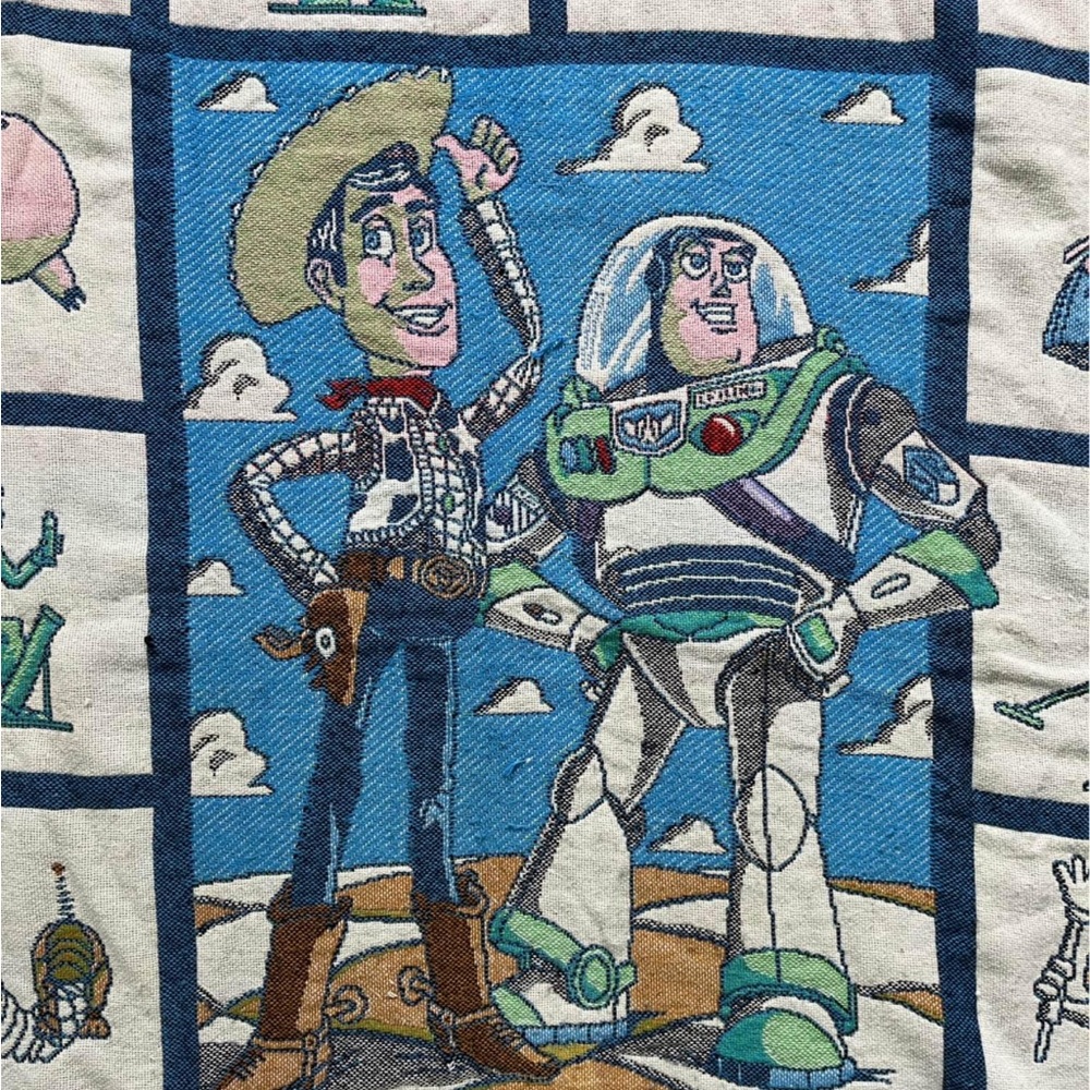 Vintage Disney Toy Story Hasbro Throw Fringed Knit Blanket Woody Buzz